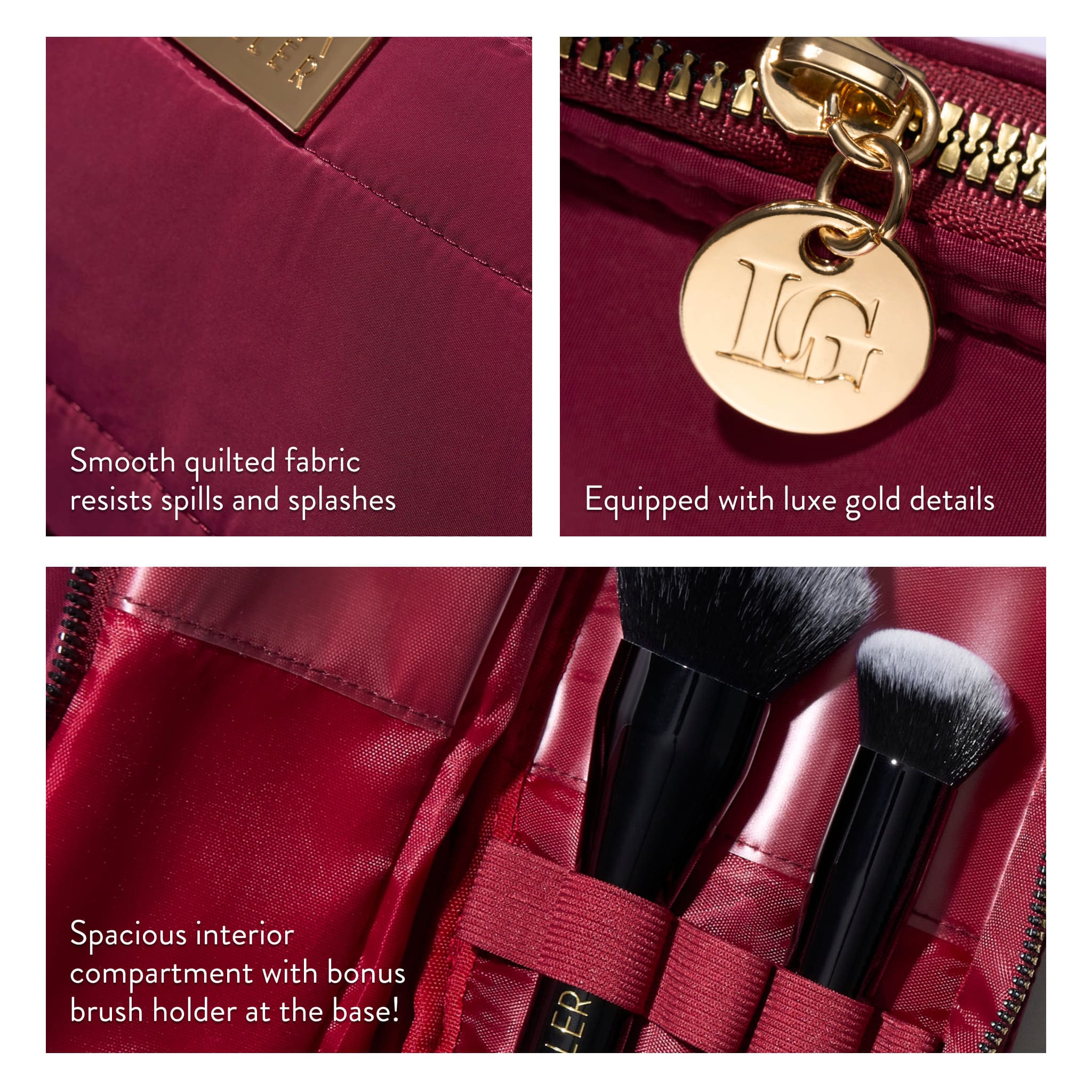 Quilted Makeup Bag with Brush Case. Burgundy - Image 3